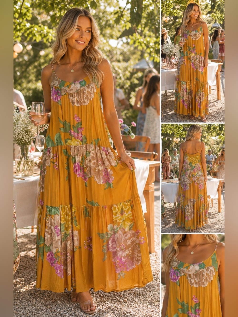 Z Supply Floral Maxi Dress S M Mustard Yellow Boho Tiered Sleeveless Cottage